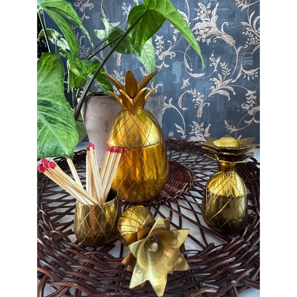 Vintage Brass Pineapple Set 3pc Hollywood Regency/Tiki Gold Barware Decor 7